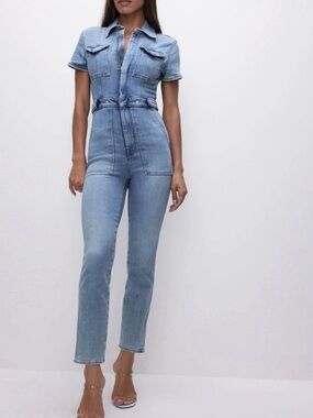 Good American Light Wash Denim Short-Sleeve Jumpsuit